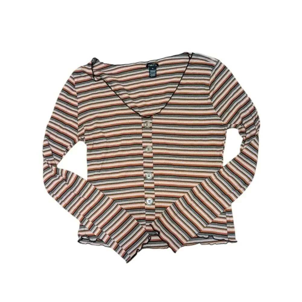 Rue 21 Ribbed Long Sleeve Top With V Neckline And Button Closure